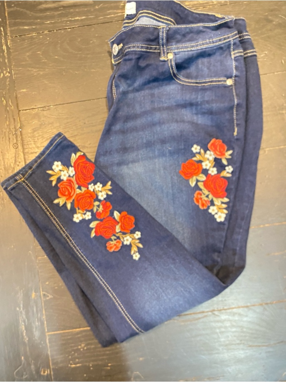 Embroidered Rose Dark Wash Denim Jeans